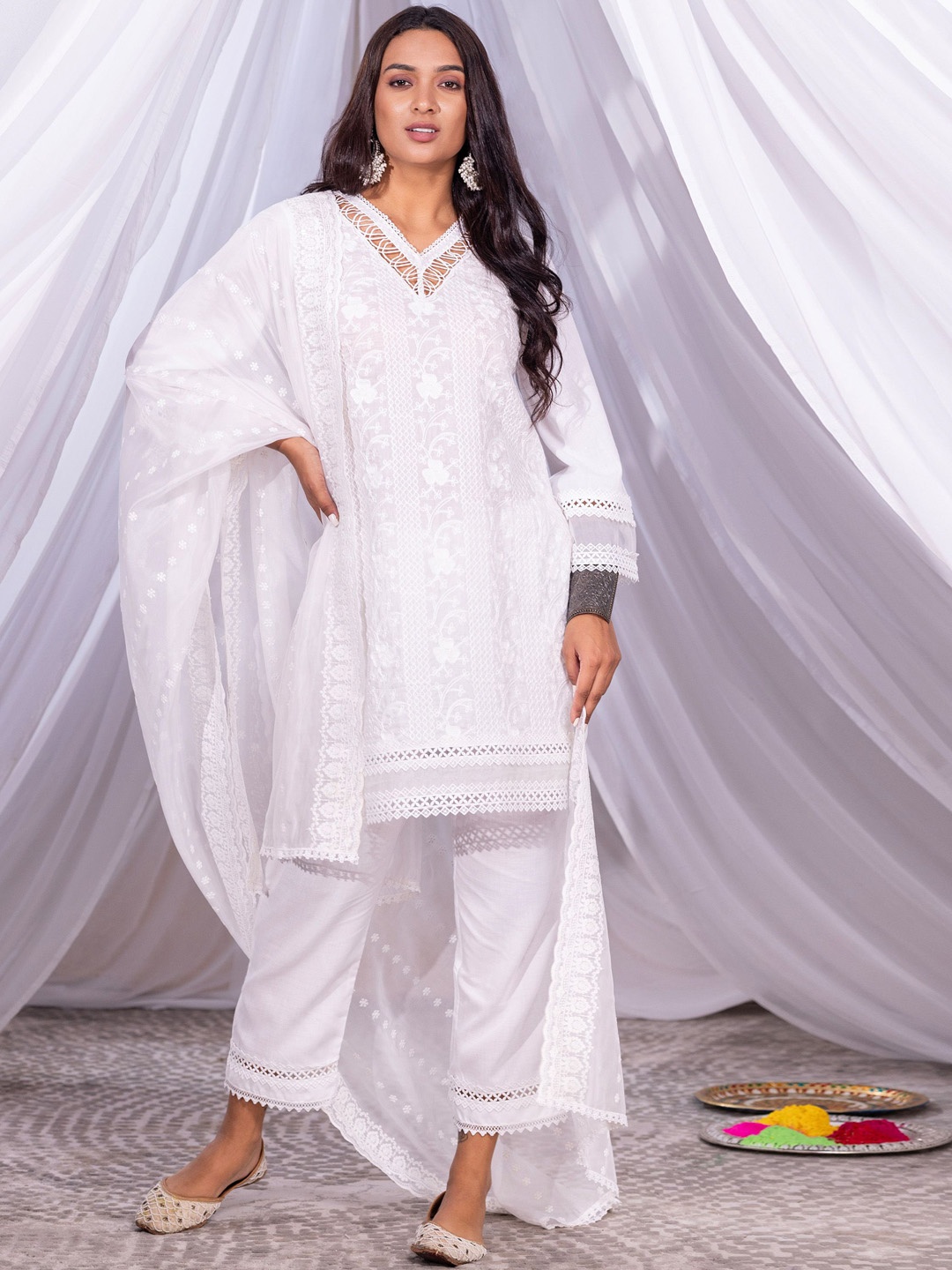 

SEW Floral Embroidered Thread Work Pure Cotton Straight Kurta With Trousers & Dupatta, White