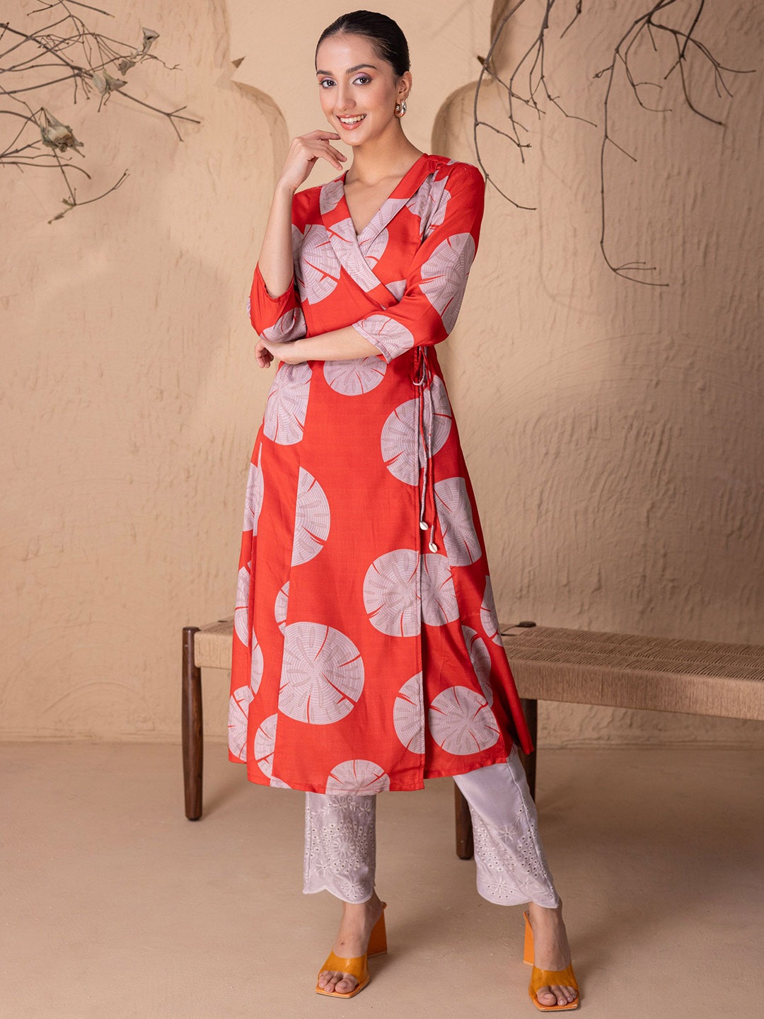 

SEW Abstract Printed V-Neck Angrakha Kurta with Trouser, Rust