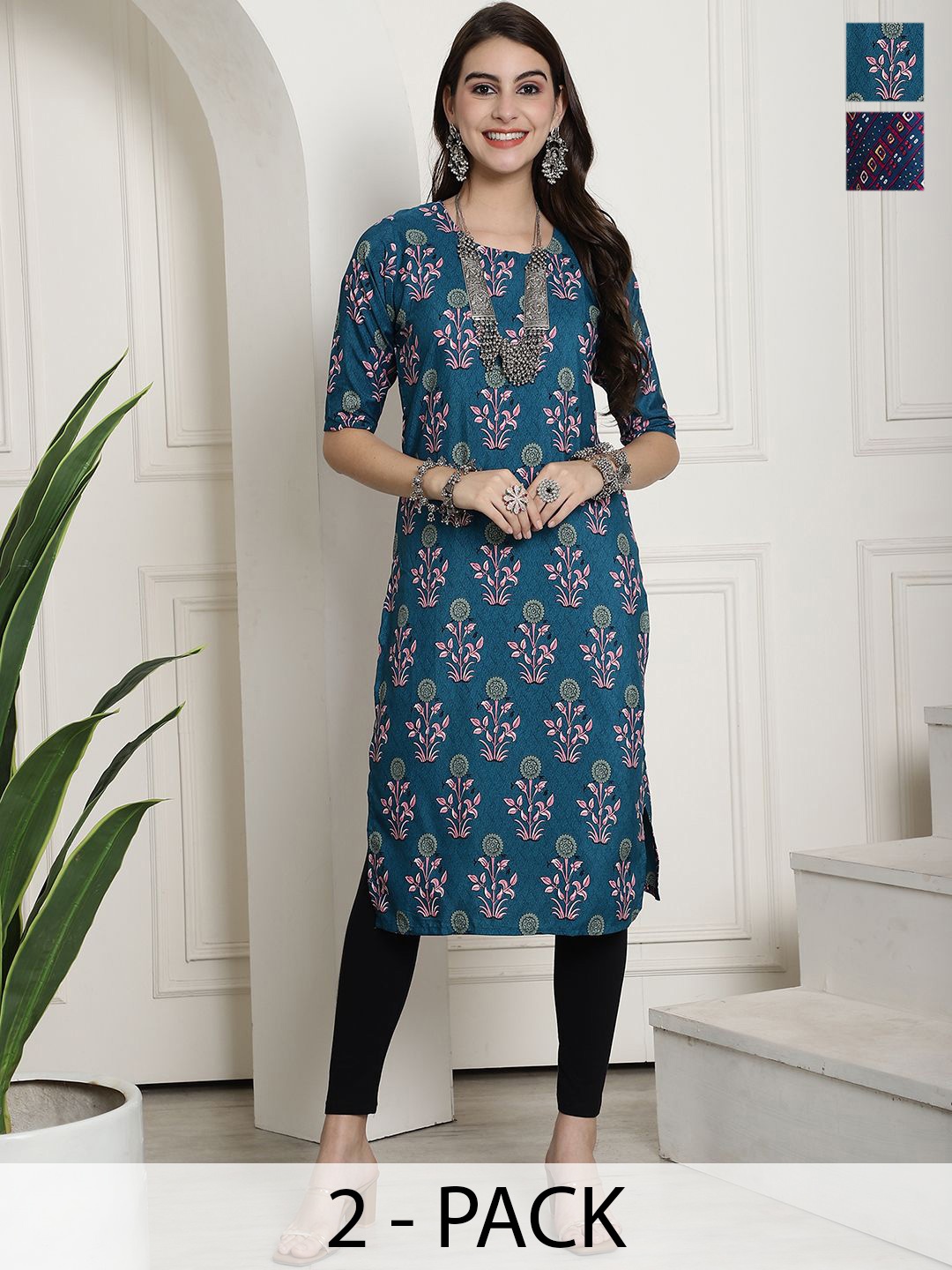

7Threads Selection Of 2 Floral Printed Round Neck Kurtas, Teal
