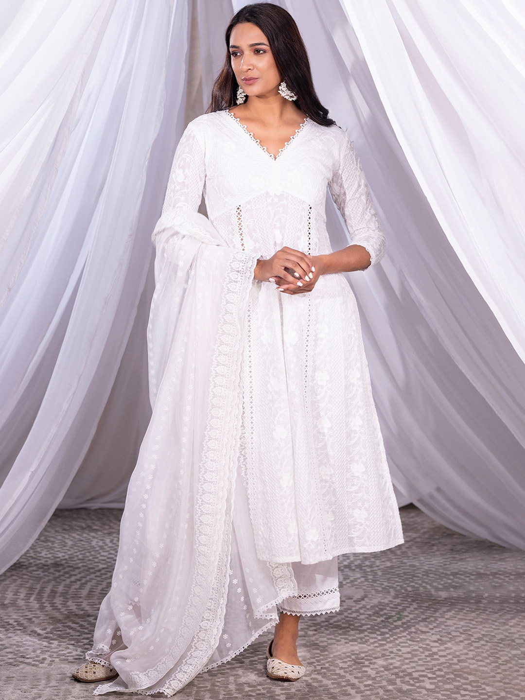 

SEW Floral Schiffli V-Neck Empired Pure Cotton A-Line Kurta With Trousers & Dupatta, White