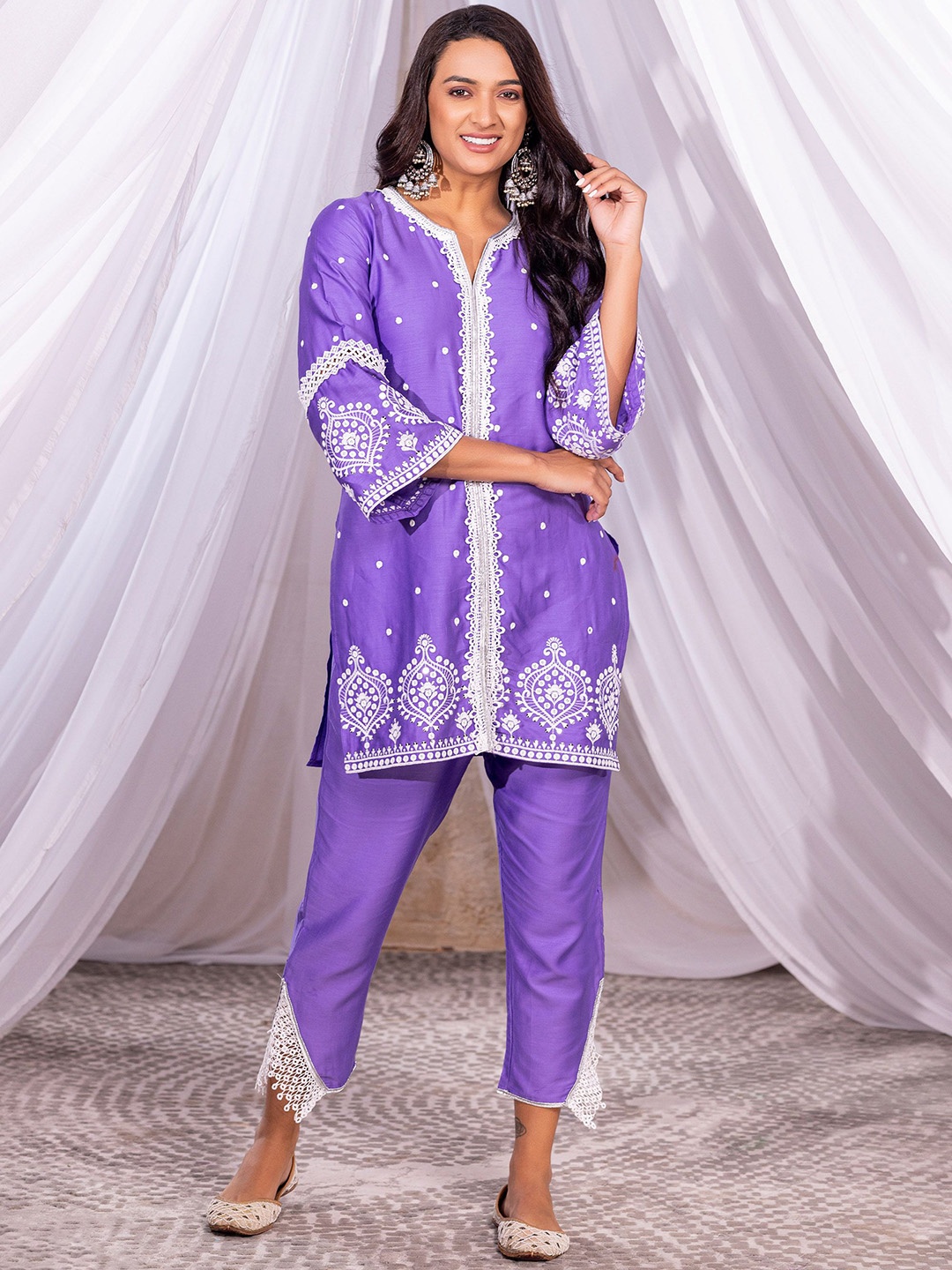 

SEW Floral Embroidered Notch Neck Pure Cotton Straight Kurti With Trouser, Purple