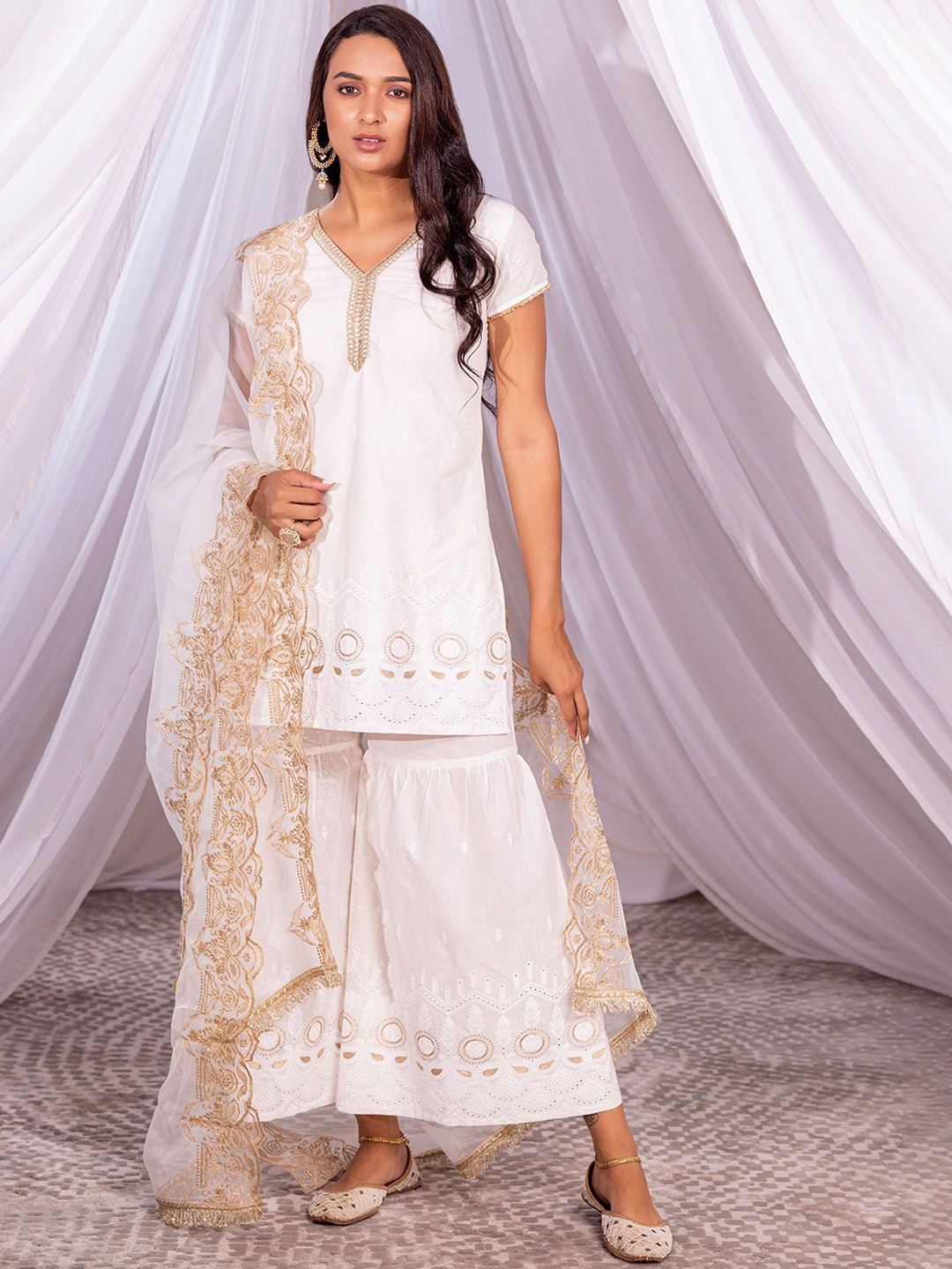 

SEW Ethnic Motifs Embroidered V-Neck Pure Cotton Straight Kurti With Sharara & Dupatta, Off white