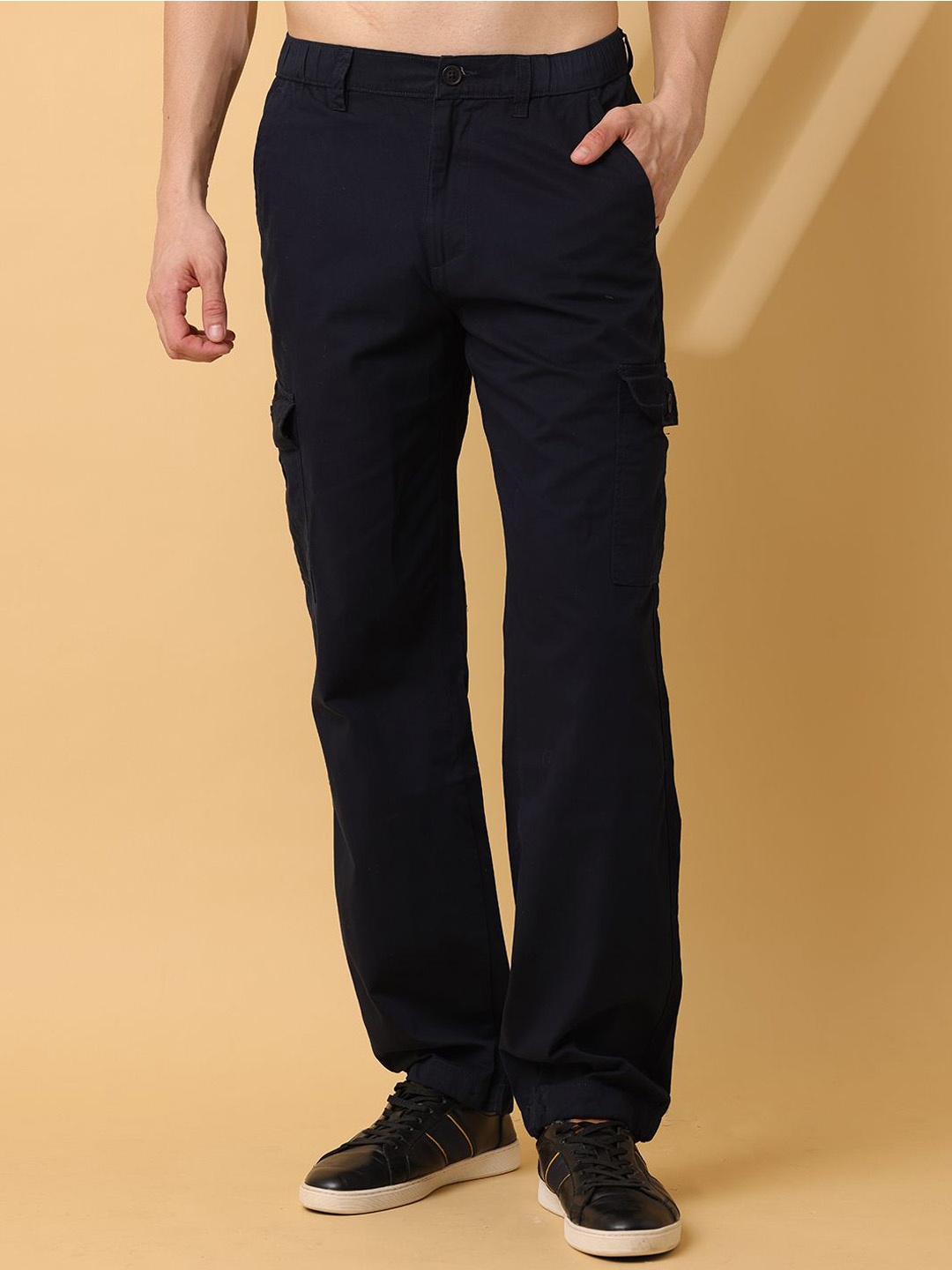 

RIGS AND RAGS Men Pure Cotton Relaxed Fit Loose Fit Cargos Trousers, Navy blue
