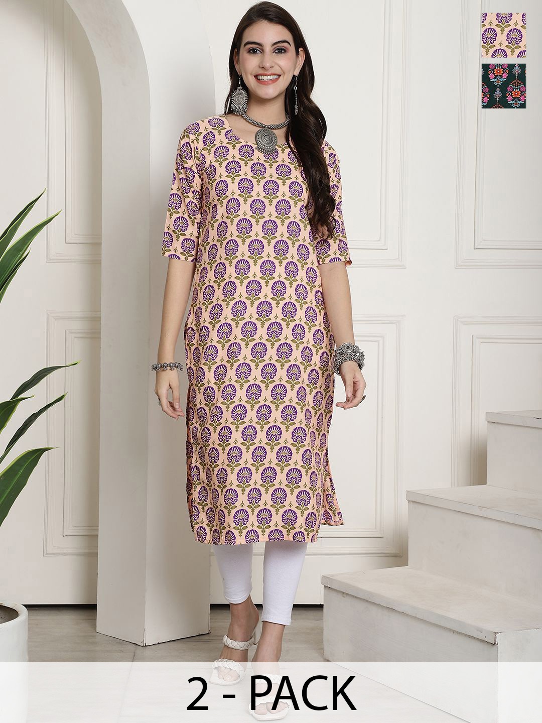 

7Threads Selection Of 2 Ethnic Motifs Printed Straight Kurta, Olive