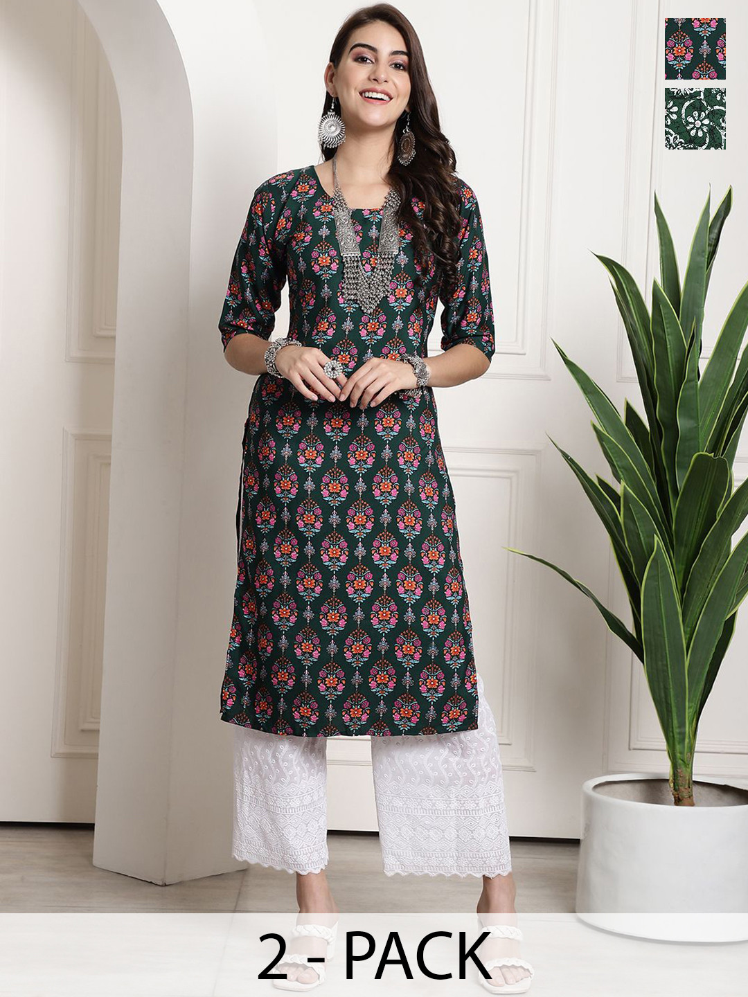 

7Threads Selection Of 2 Floral Printed Round Neck Straight Kurtas, Navy blue