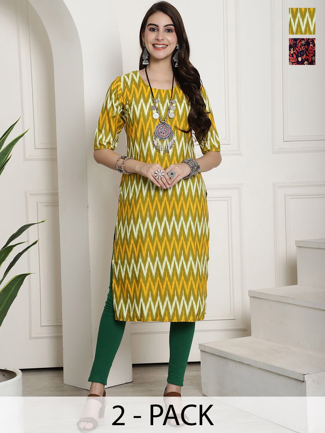 

7Threads Selection Of 2 Chevron Printed Round Neck Straight Kurtas, Green