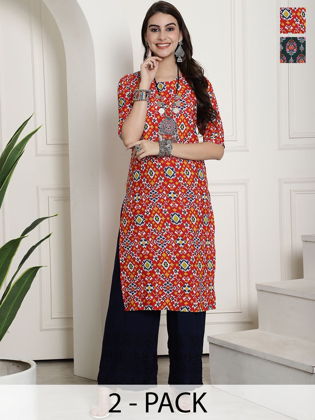 

7Threads Selection Of 2 Ethnic Motifs Printed Round Neck Straight Kurtas, Red