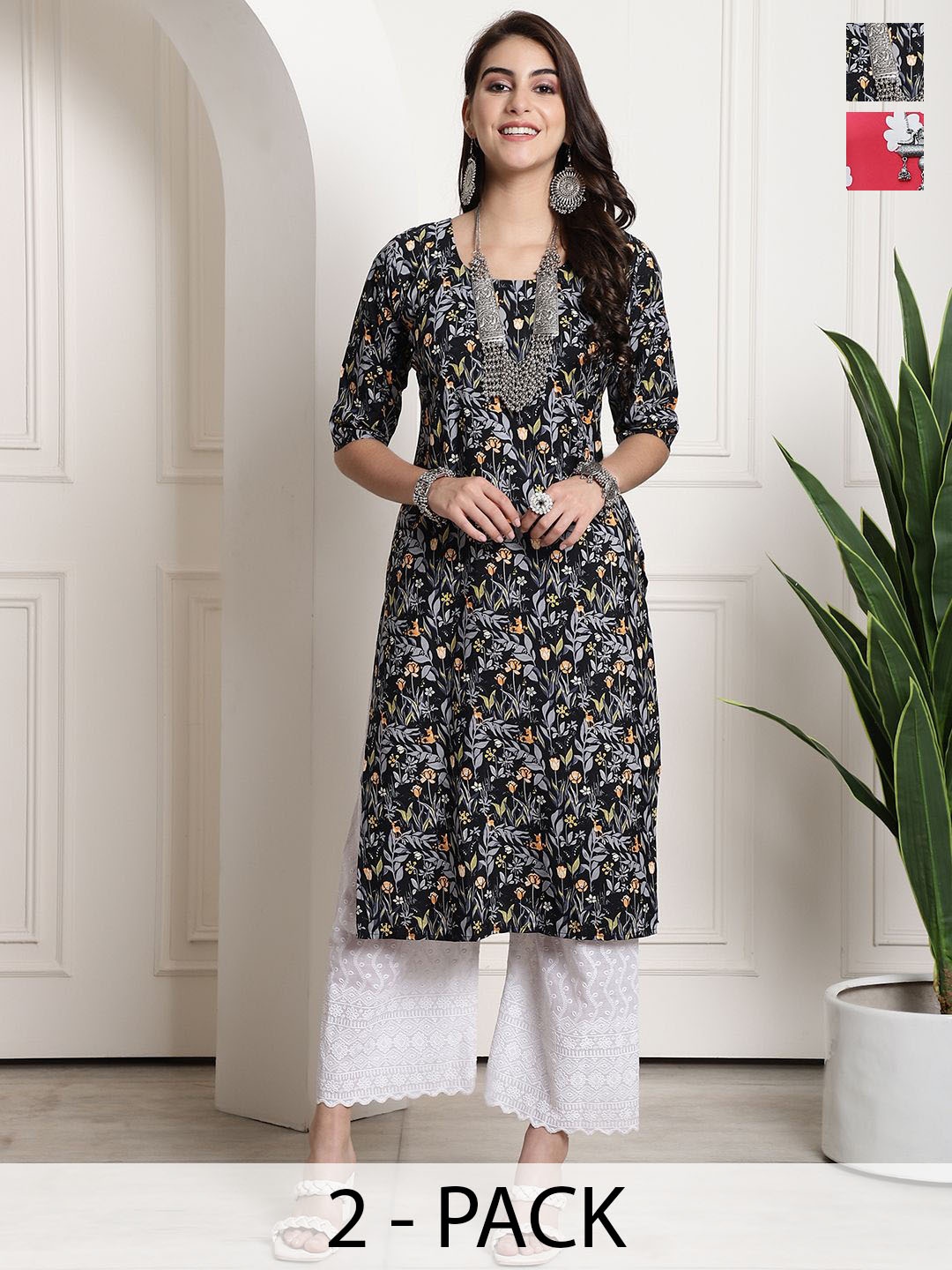 

7Threads Selection Of 2 Floral Printed Round Neck Straight Kurta, Black