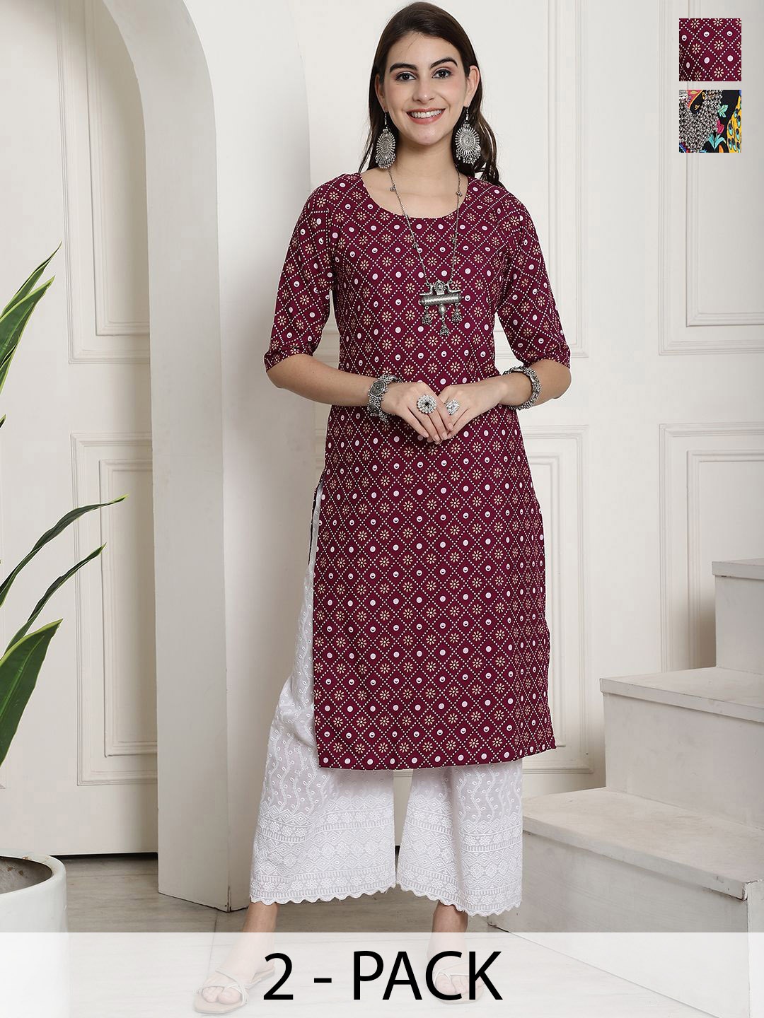

7Threads Selection Of 2 Ethnic Motifs Printed Round Neck Straight Kurtas, Maroon