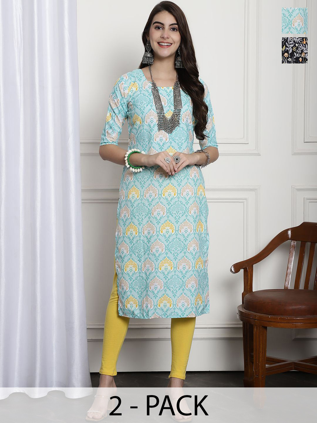 

7Threads Selection Of 2 Floral Printed Round Neck Straight Kurtas, Blue