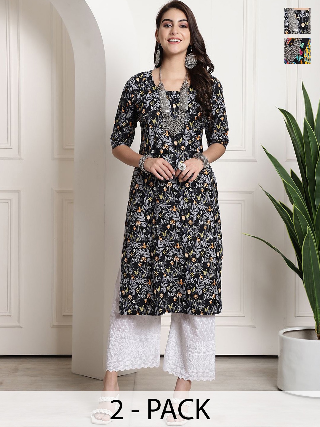 

7Threads Selection Of 2 Floral Printed Round Neck Straight Kurtas, Black
