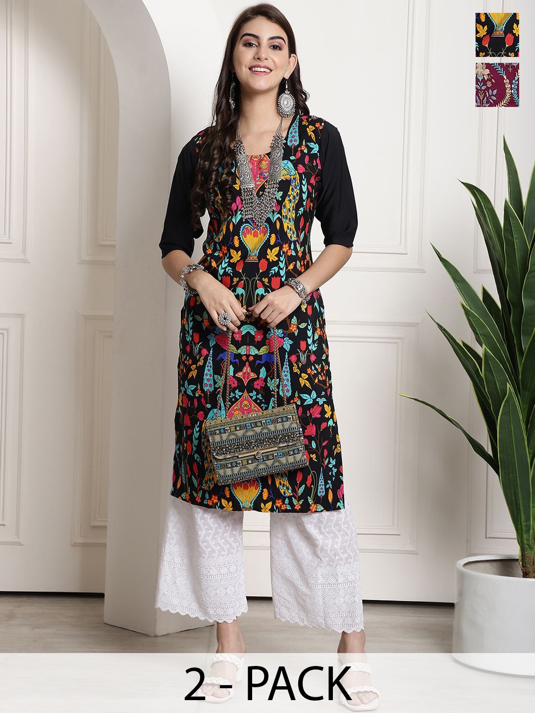 

7Threads Selection of 2 Ethnic Motifs Printed Round Neck Straight Kurtas, Multi