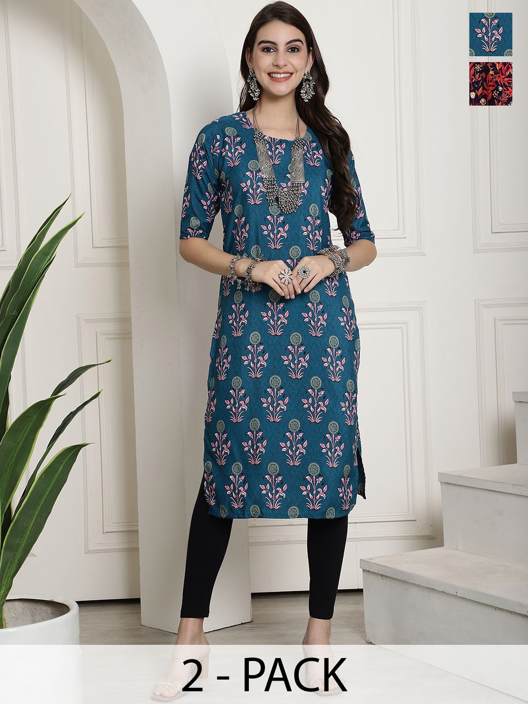 

7Threads Selection Of 2 Floral Printed Round Neck Straight Kurta, Blue