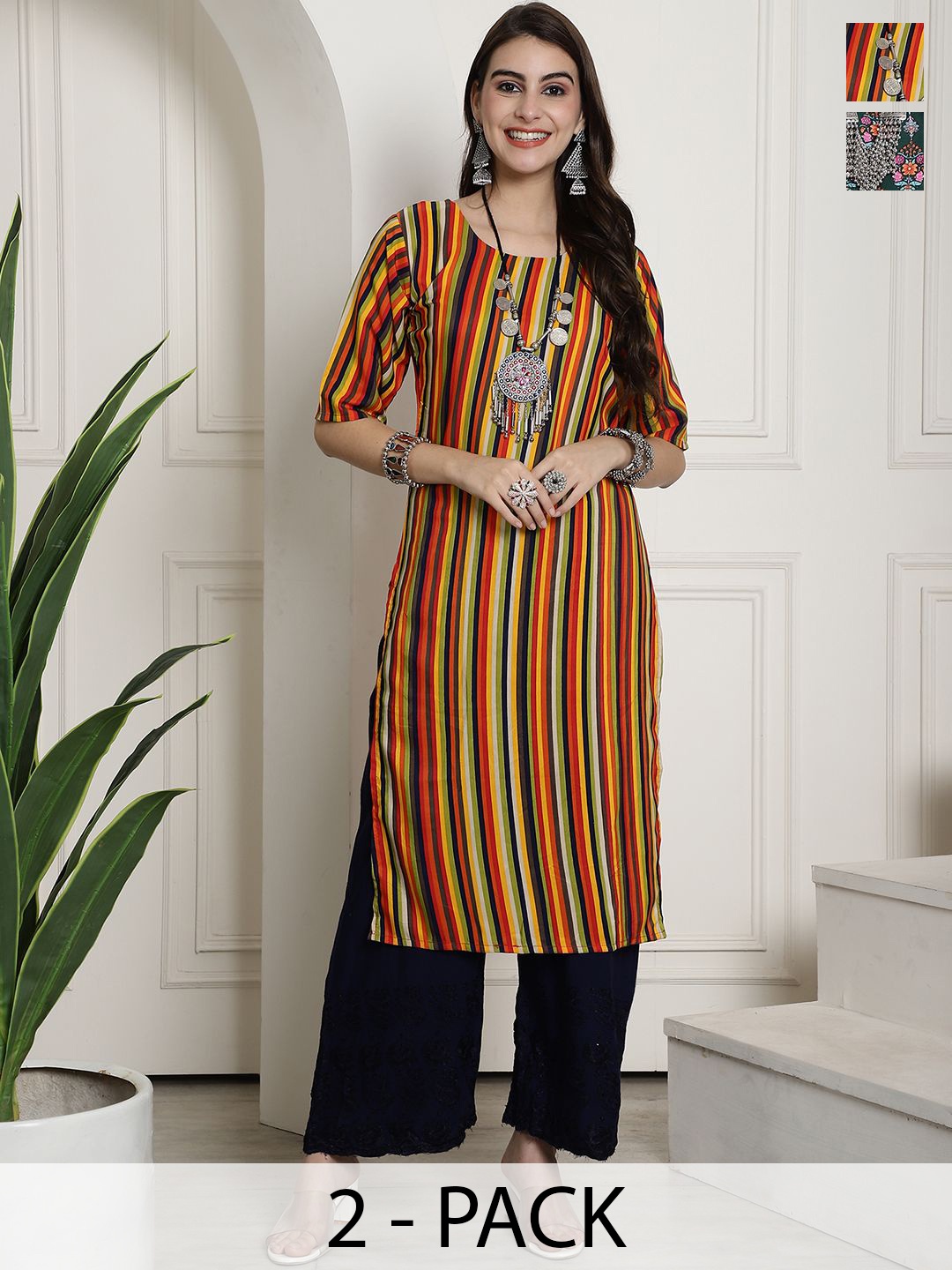 

7Threads Selection Of 2 Striped Printed Round Neck Straight Kurtas, Yellow
