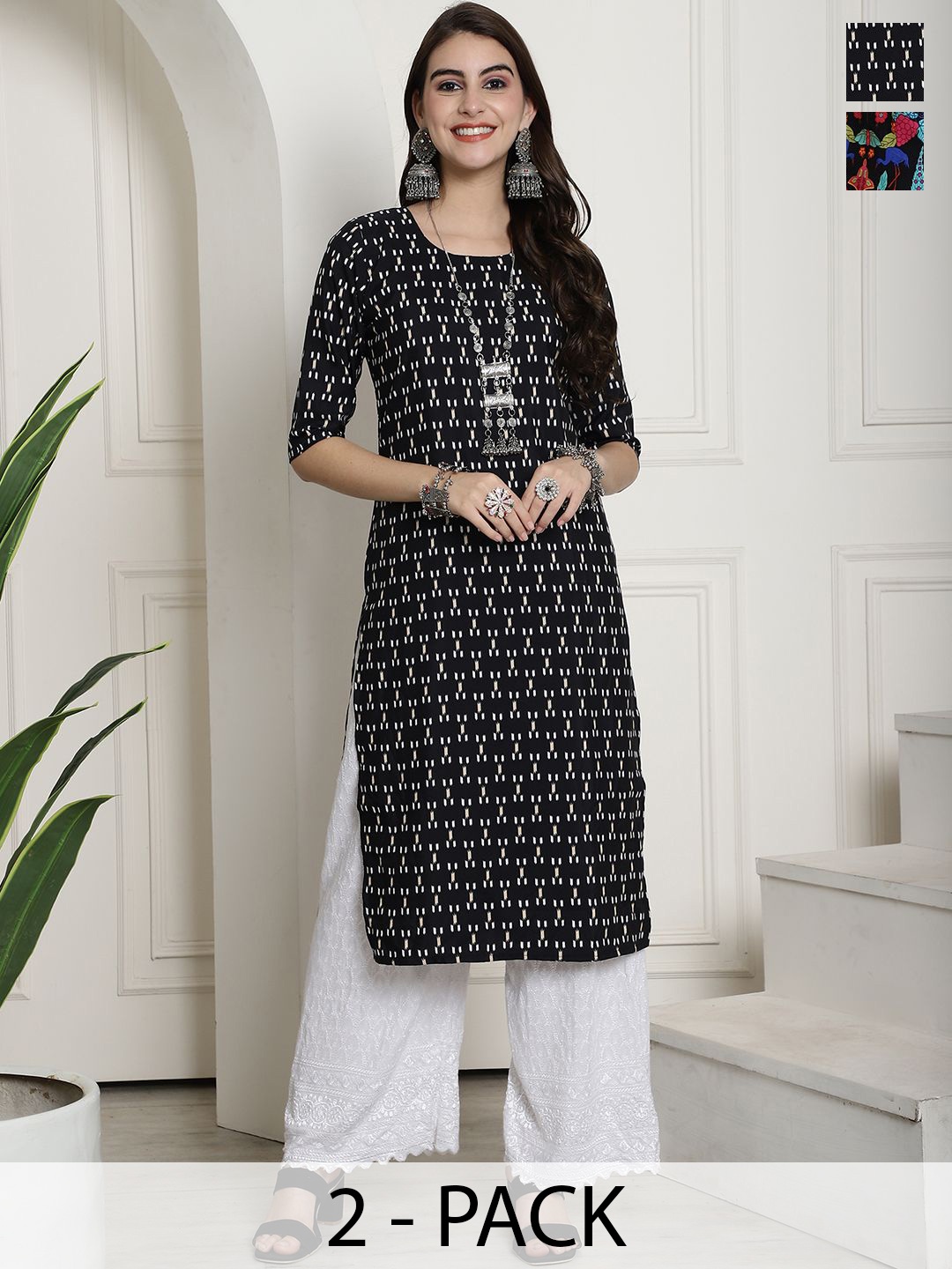 

7Threads Selection Of 2 Geometric Printed Round Neck Straight Kurtas, Black