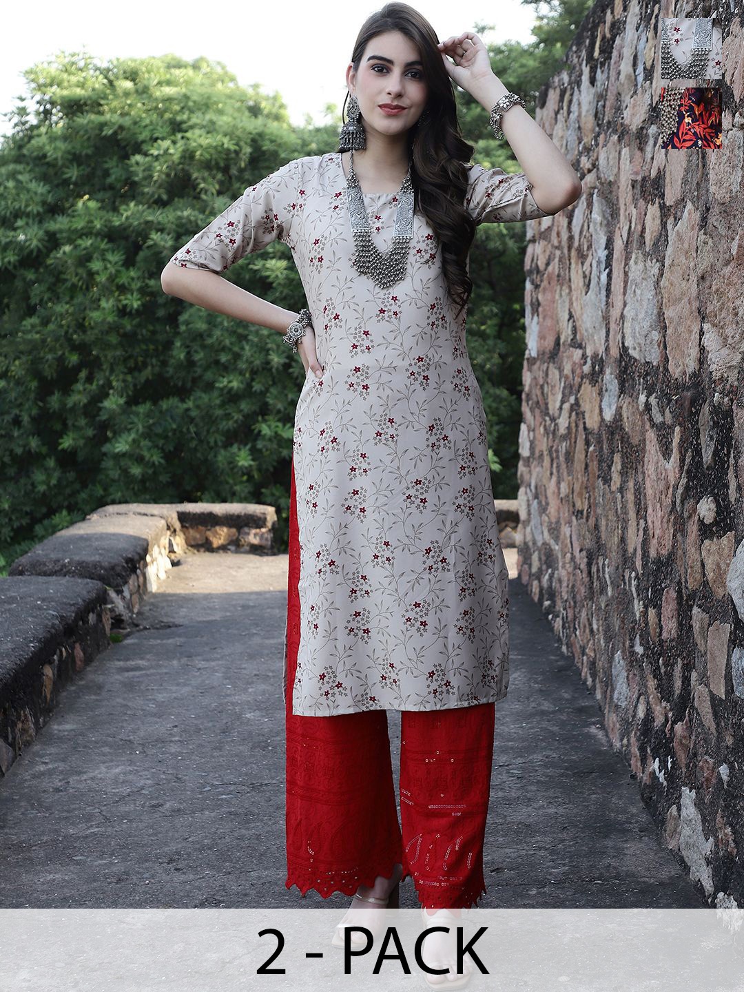 

7Threads Selection Of 2 Floral Printed Round Neck Straight Kurtas, Grey