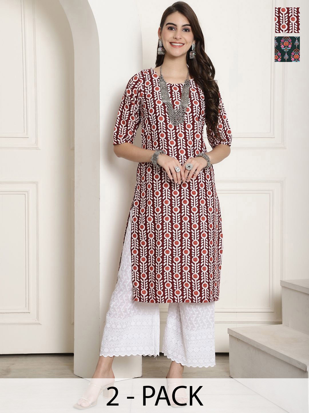 

7Threads Selection Of 2 Ethnic Motifs Printed Round Neck Kurtas, White