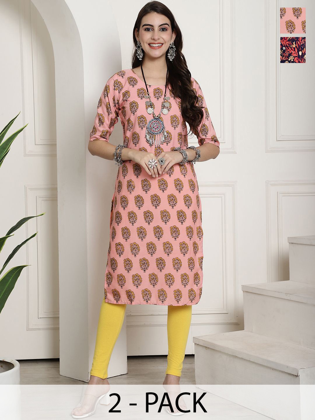 

7Threads Selection Of 2 Floral Printed Round Neck Straight Kurtas, Peach