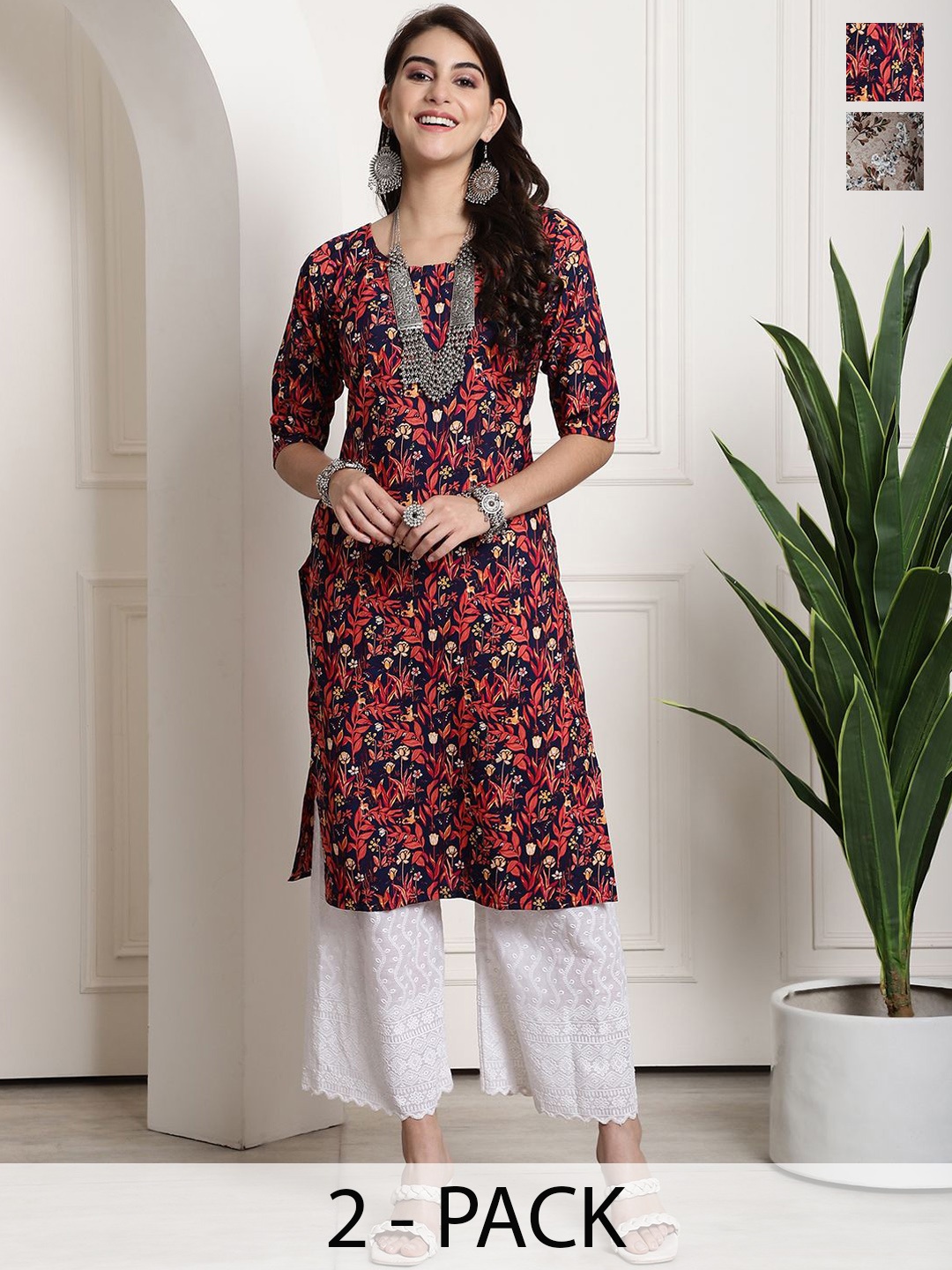 

7Threads Selection Of 2 Floral Printed Round Neck Straight Kurtas, Navy blue