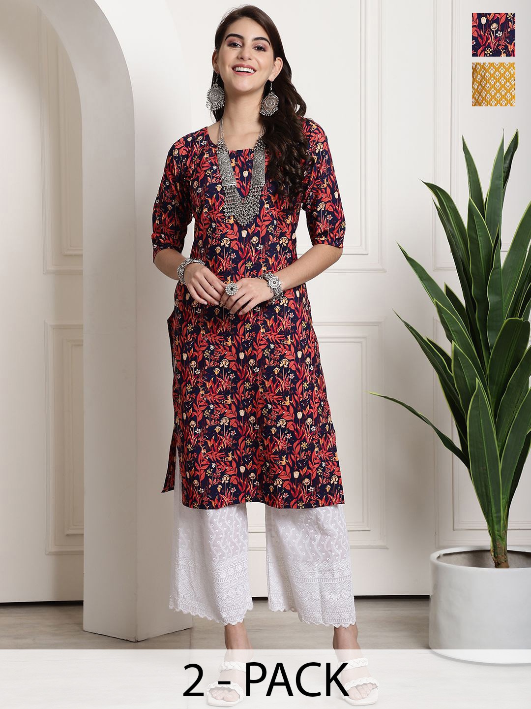 

7Threads Selection Of 2 Ethnic Motifs Printed Straight Kurtas, Maroon