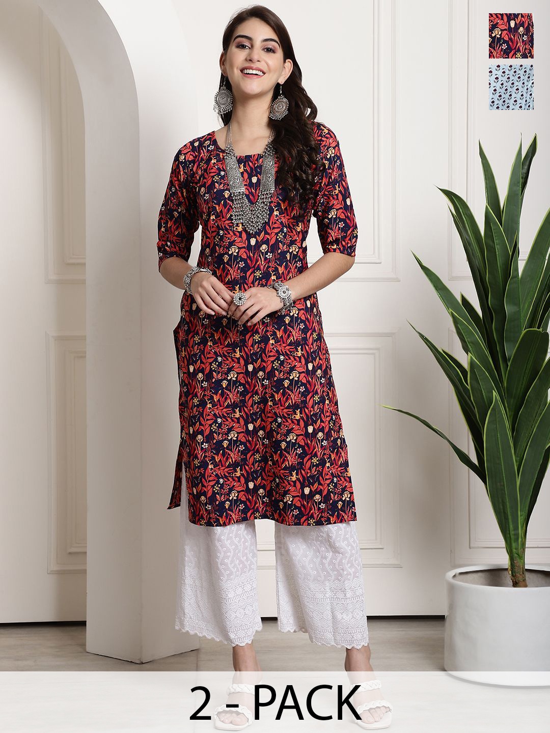 

7Threads Selection Of 2 Floral Printed Round Neck Straight Kurtas, Navy blue