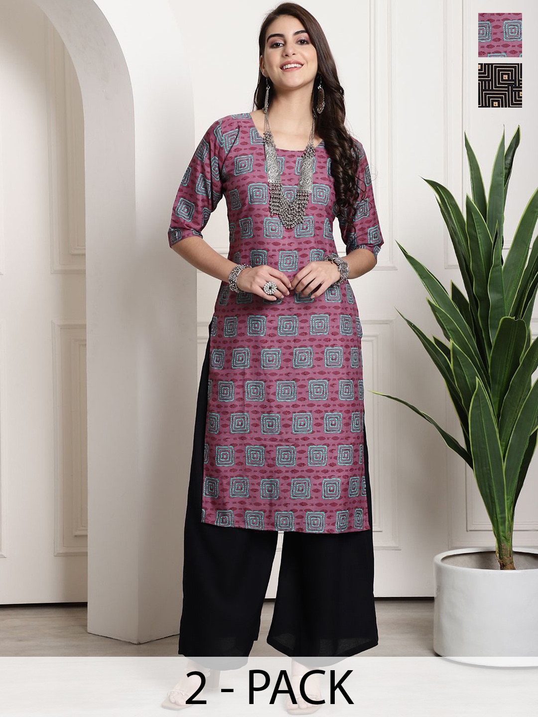 

7Threads Selection Of 2 Geometric Printed Straight Kurtas, Maroon