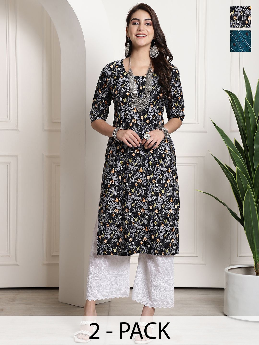 

7Threads Selection Of 2 Floral Printed Straight Kurta, Black