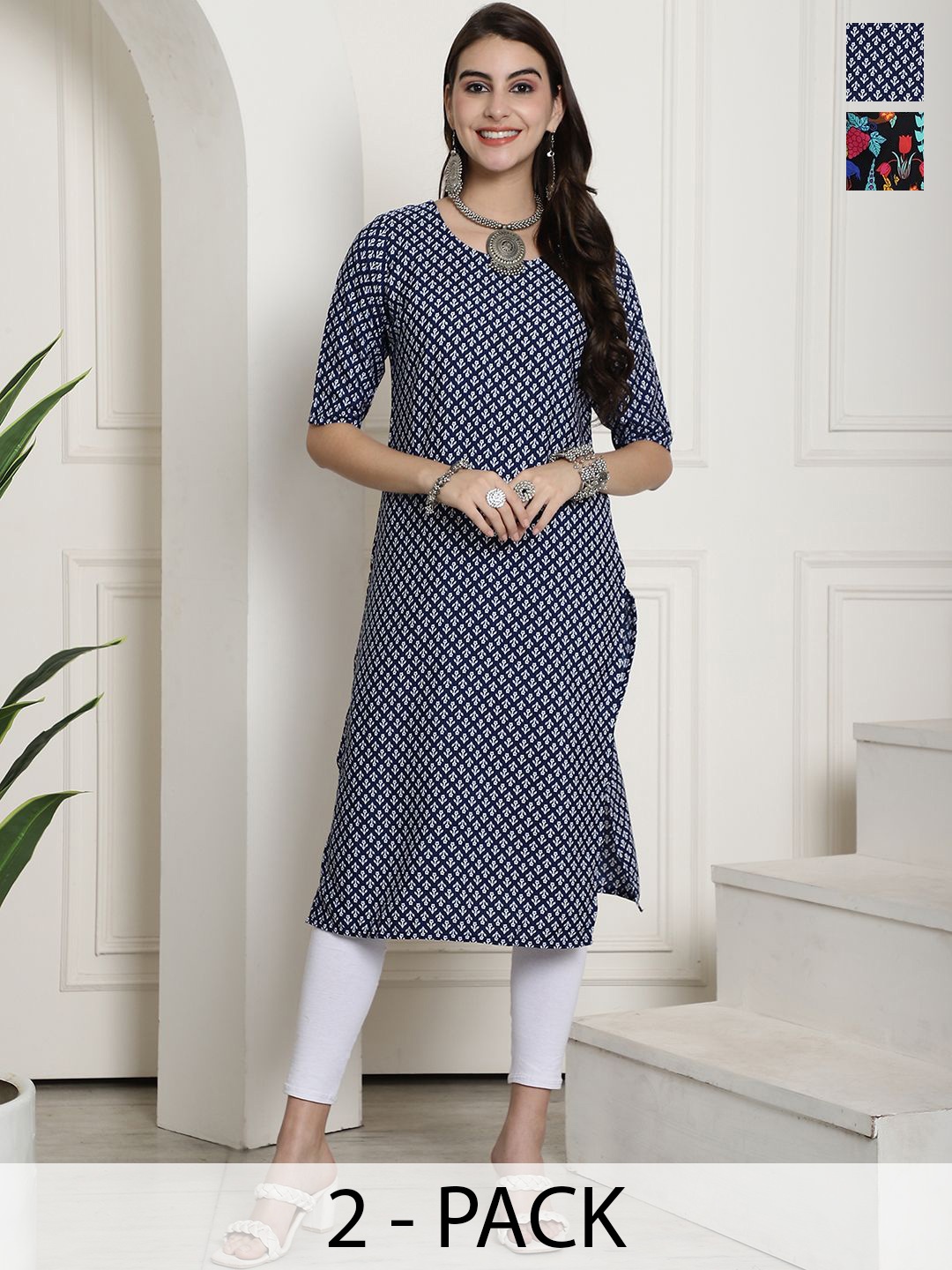 

7Threads Selection Of 2 Floral Printed Round Neck Straight Kurtas, Blue