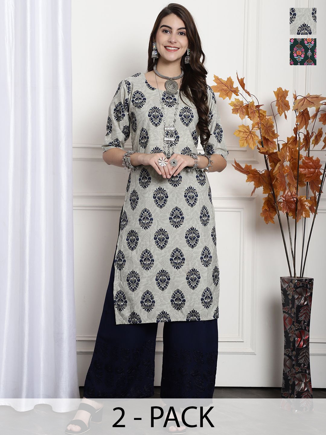 

7Threads Selection Of 2 Ethnic Motifs Printed Round Neck Straight Kurtas, Grey