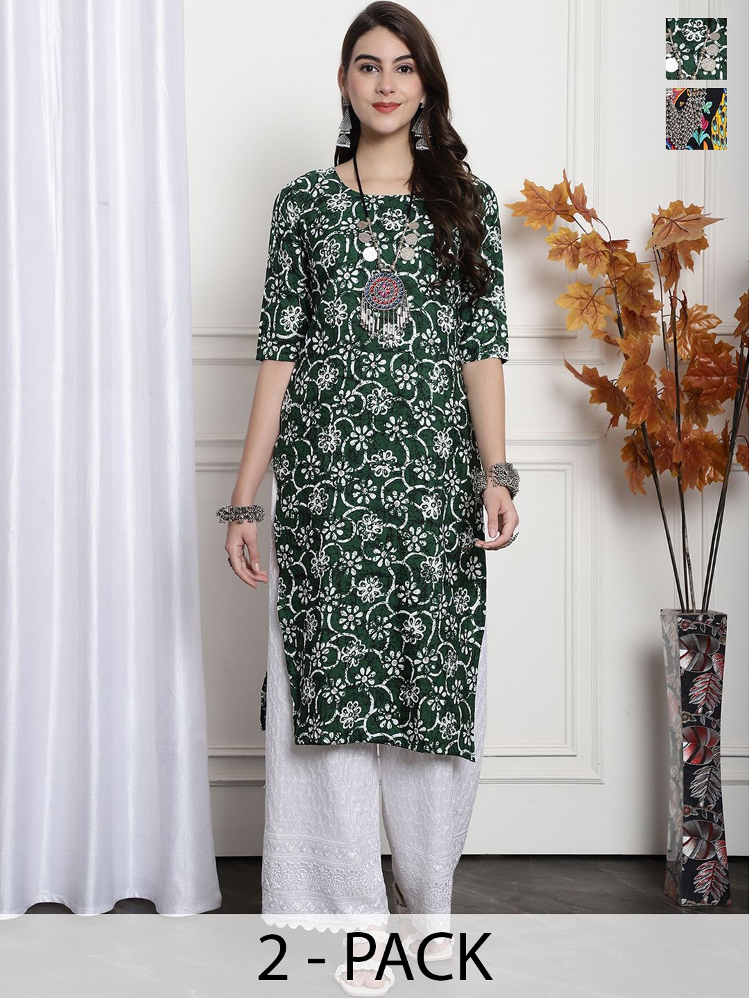 

7Threads Selection Of 2 Floral Printed Round Neck Straight Kurtas, Green