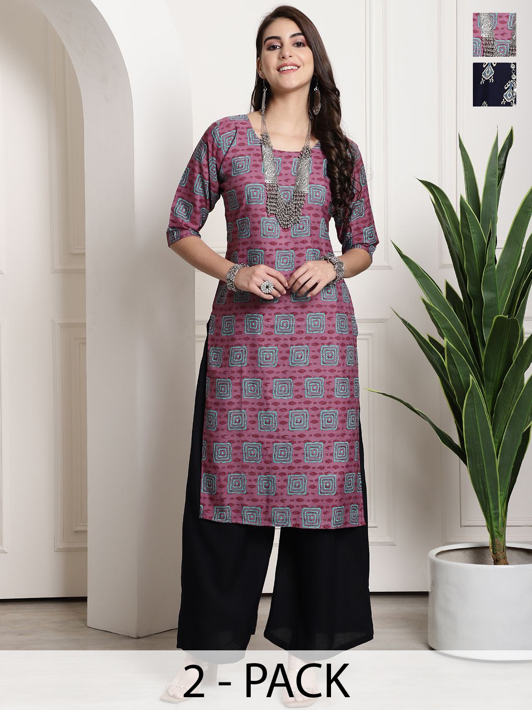

7Threads Selection Of 2 Floral Printed Round Neck Straight Kurta, Pink