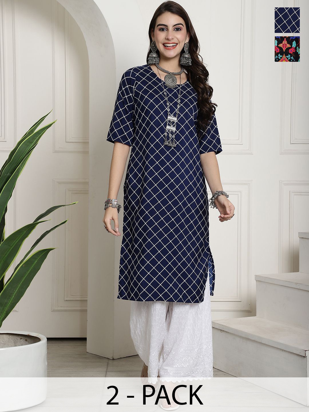 

7Threads Selection Of 2 Geometric Printed Round Neck Straight Kurta, Navy blue