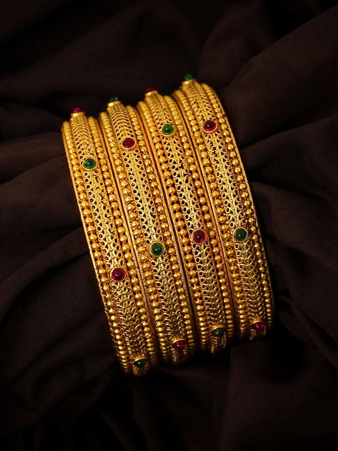 

NAGNESHI ART Set Of 4 Gold-Plated Filigre Ruby Stone Studded Temple Bangles