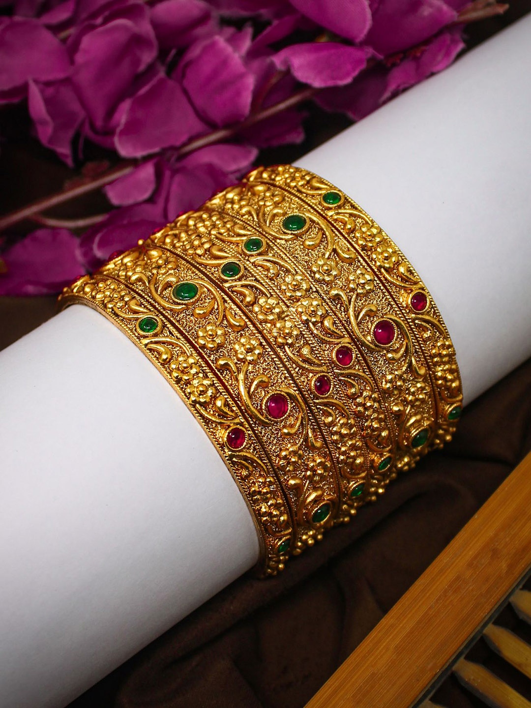 

NAGNESHI ART Set Of 6 Gold-Plated Floral Ruby Stones Studded-Studded Temple Bangles