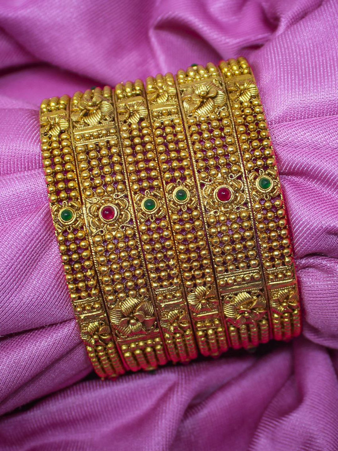 

NAGNESHI ART Set Of 6 Gold-Plated Floral Ruby Stones-Studded Temple Bangles