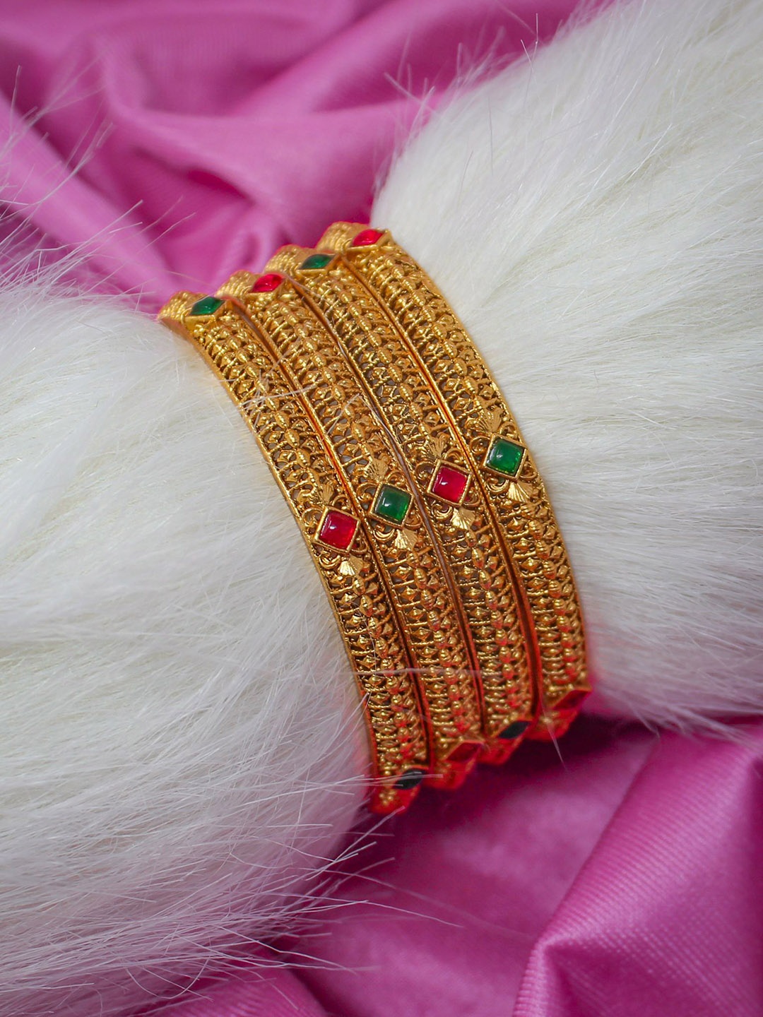 

NAGNESHI ART Set Of 4 Gold Plated Filigre Ruby Stones Studded Temple Bangles