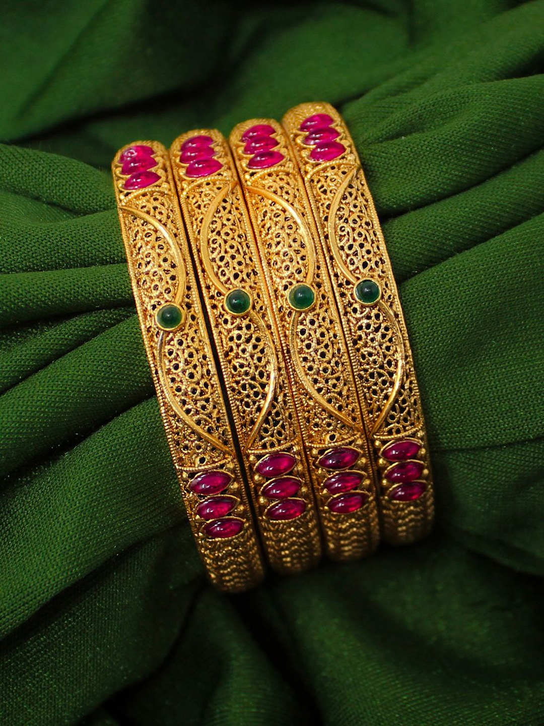 

NAGNESHI ART Set Of 4 Gold Plated Filigre Ruby Stone Studded Temple Bangles