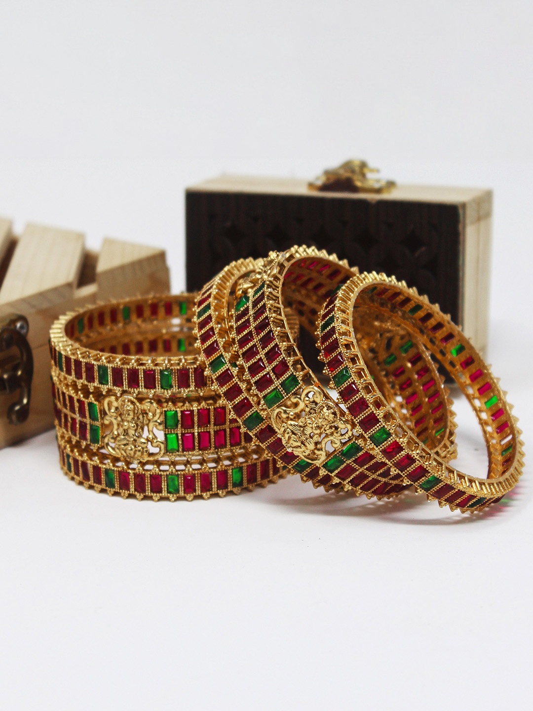 

NAGNESHI ART Set Of 6 Gold-Plated Lakshmi Ruby Stone-Studded Temple Bangles