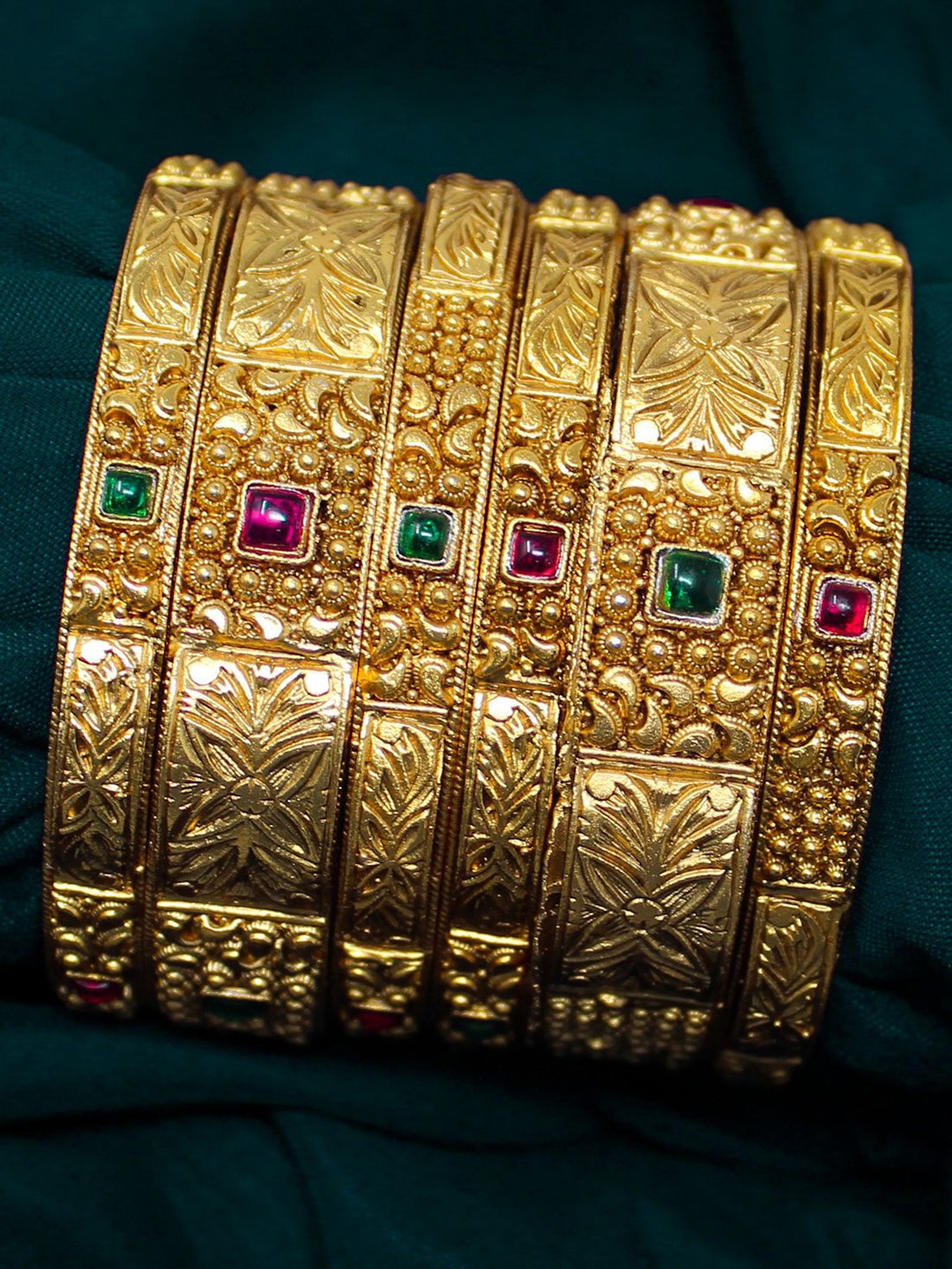

NAGNESHI ART Set Of 6 Gold Plated Paisley Ruby Stones Studded Temple Bangles