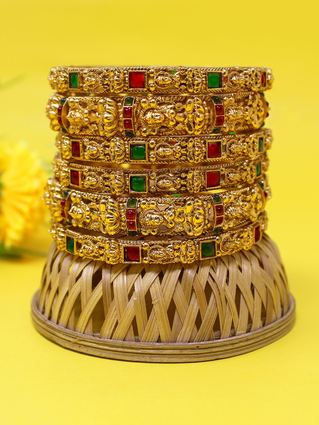 

NAGNESHI ART Set Of 6 Gold Plated Lakshmi Ruby Stones Studded Temple Bangles