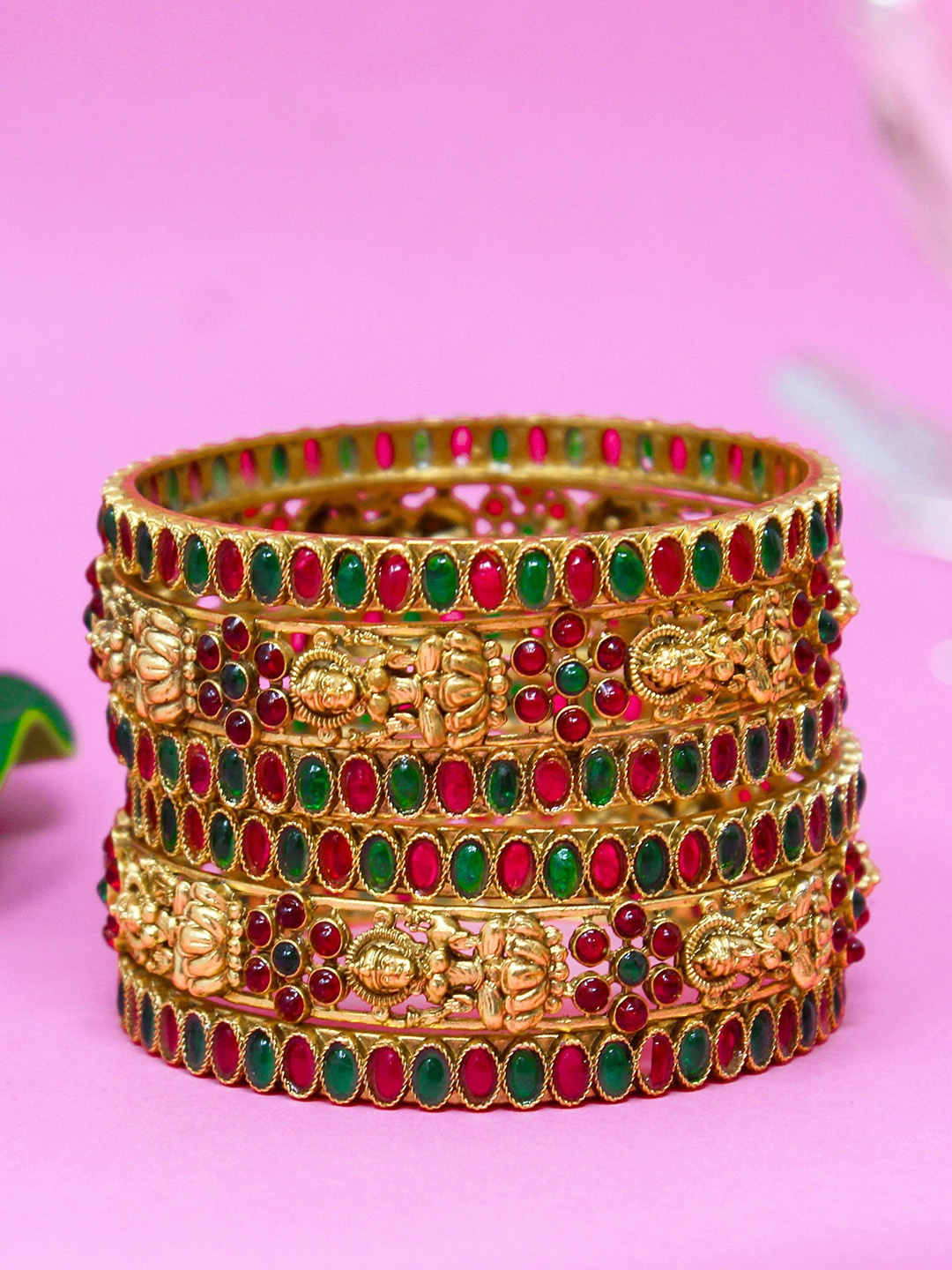 

NAGNESHI ART Set Of 6 Gold-Plated Floral Lakshmi Ruby Stone-Studded Temple Bangles