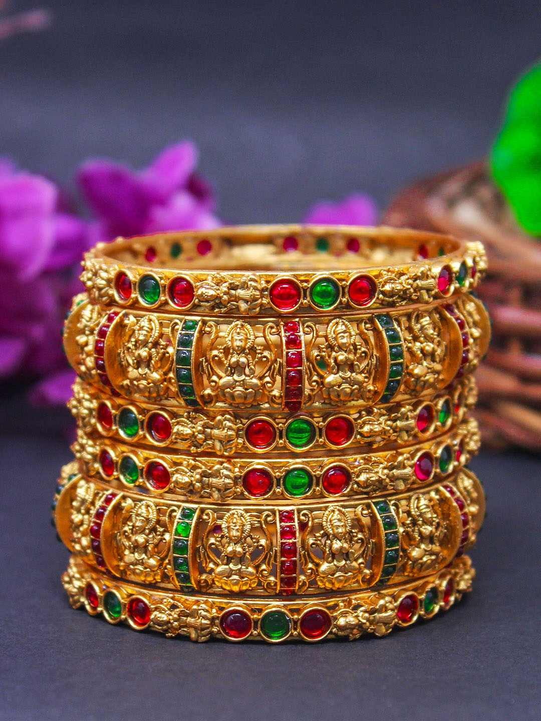 

NAGNESHI ART Set Of 6 Gold Plated Lakshmi Ruby Stone Studded Temple Bangles