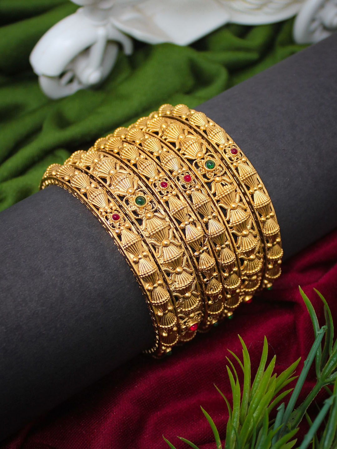 

NAGNESHI ART Set Of 6 Gold Plated Floral Ruby Stones Studded Temple Bangles