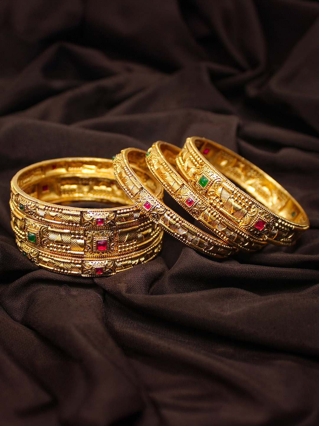 

NAGNESHI ART Set Of 6 Gold Plated Geometric Ruby Stones Studded Temple Bangles