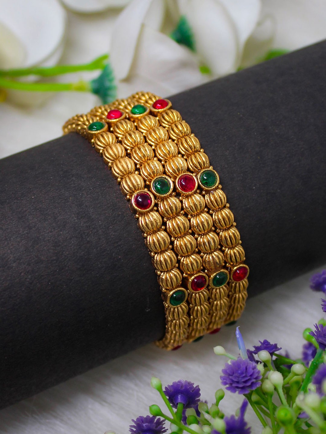 

NAGNESHI ART Set Of 4 Gold-Plated Ball Design Ruby Stone-Studded Temple Bangles