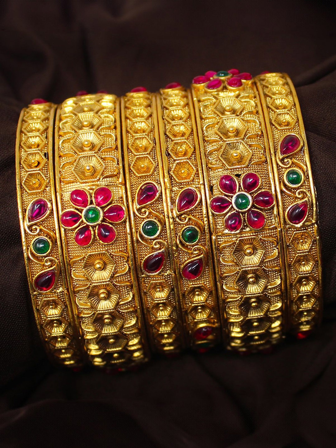 

NAGNESHI ART Set Of 6 Gold-Plated Floral Ruby Stone-Studded Temple Bangles