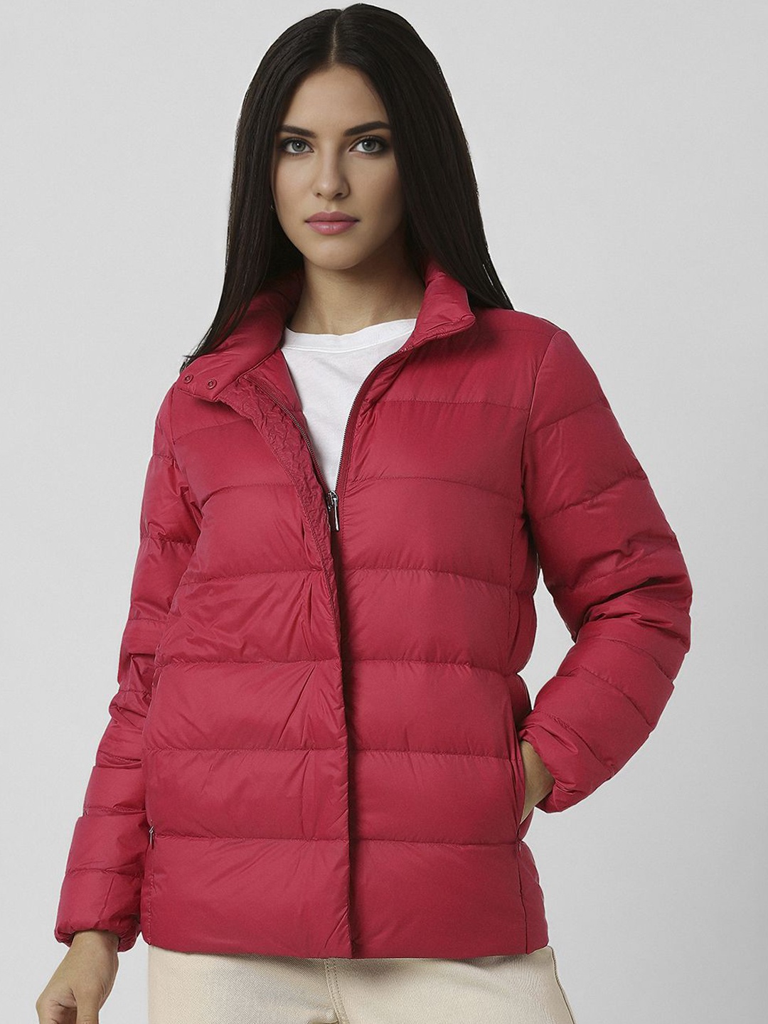 

Van Heusen Woman Mock Collar Solid Casual Padded Jacket, Pink