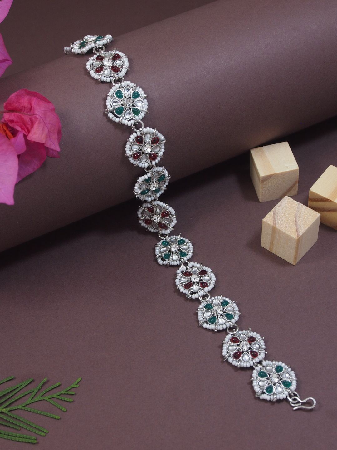 

I Jewels Silver-Plated Floral Kundan Stone Studded & Pearls Beaded Matha Patti