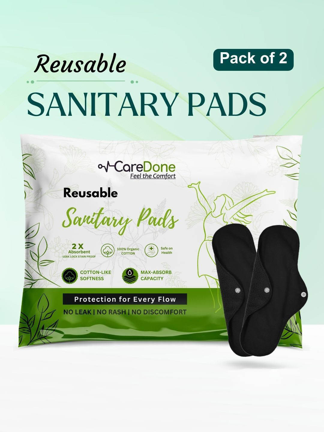 

CareDone Set Of 2 Washable & Reusable Comfty Extra Large Organic Cotton Sanitary Pads - Xl, Black