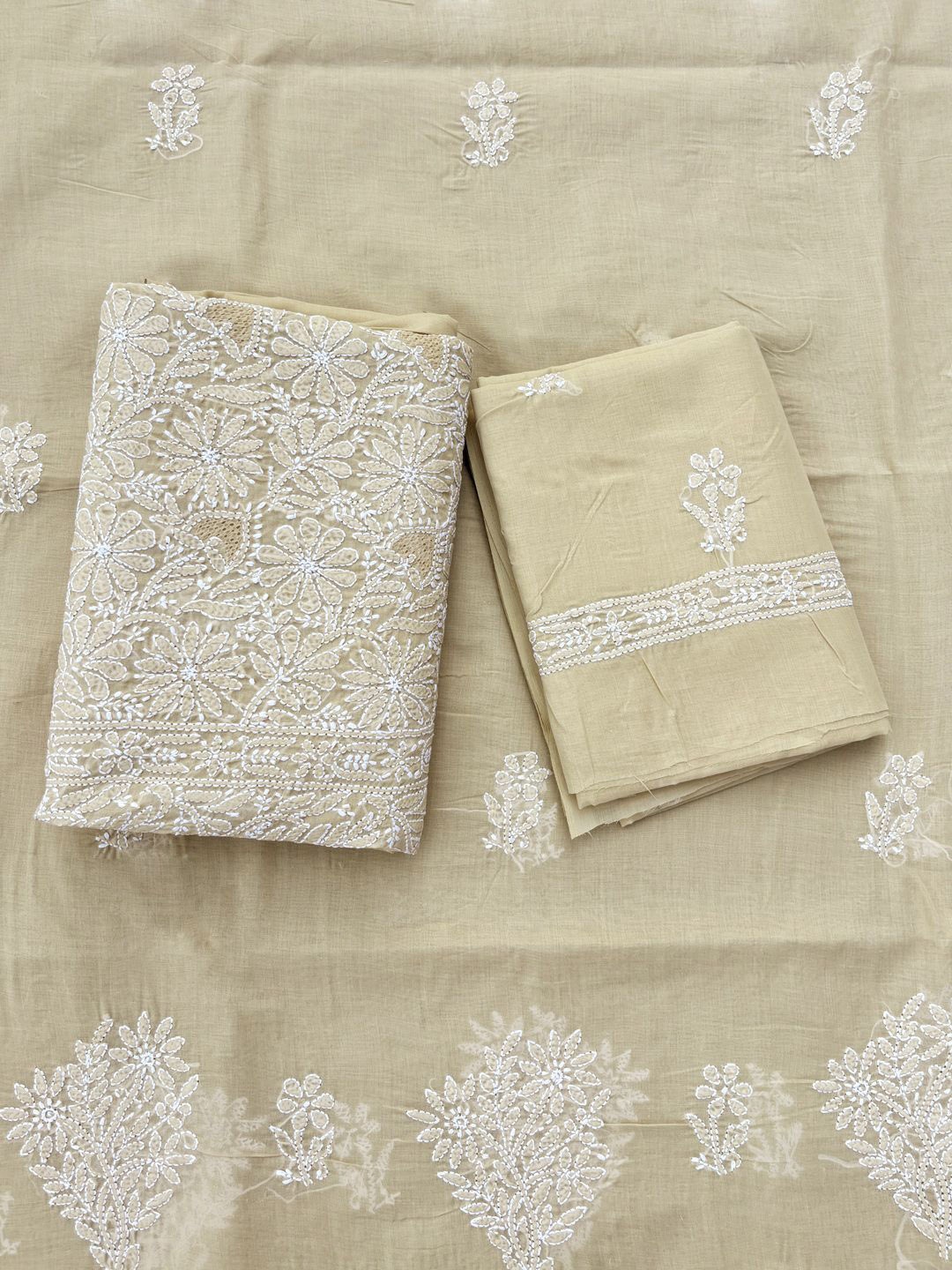 

PARAMOUNT CHIKAN Floral Embroidered Unstitched Dress Material, Beige